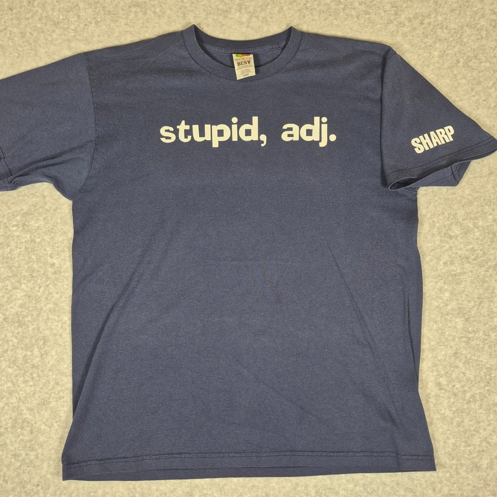 Y2K Fruit of the Loom T-Shirt Mens Large Navy Blue Stupid Adj Graphic Tee